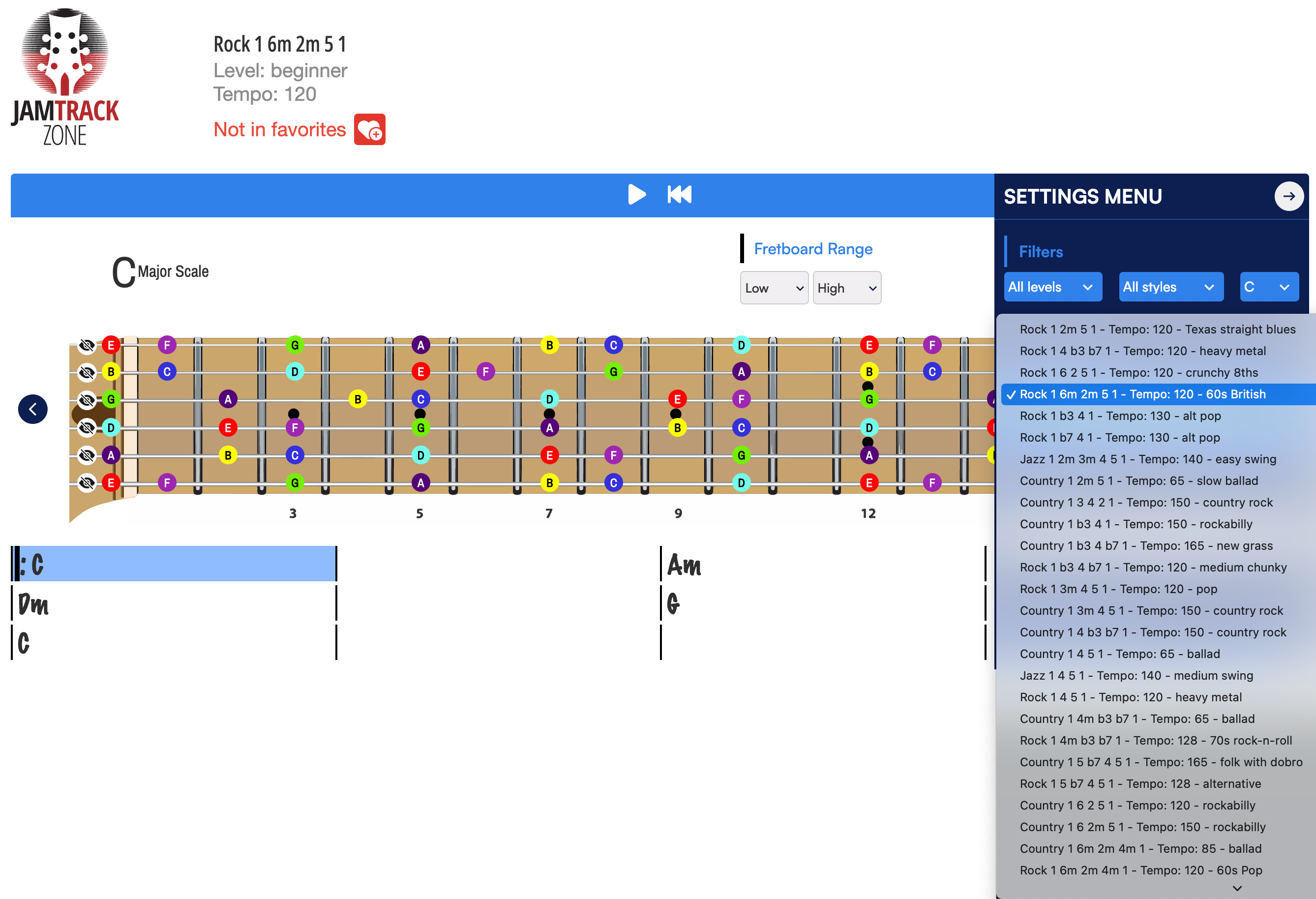 Online Guitar Jam Track Application With Fretboard Notes - JamTrack Zone - UI Screenshot