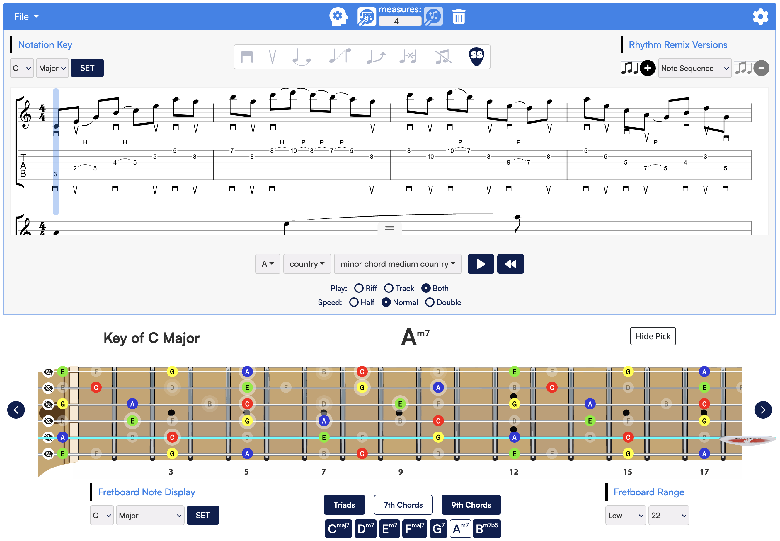 Online Guitar Chords in Every Key Fretboard Application - Key Weaver - UI Screenshot